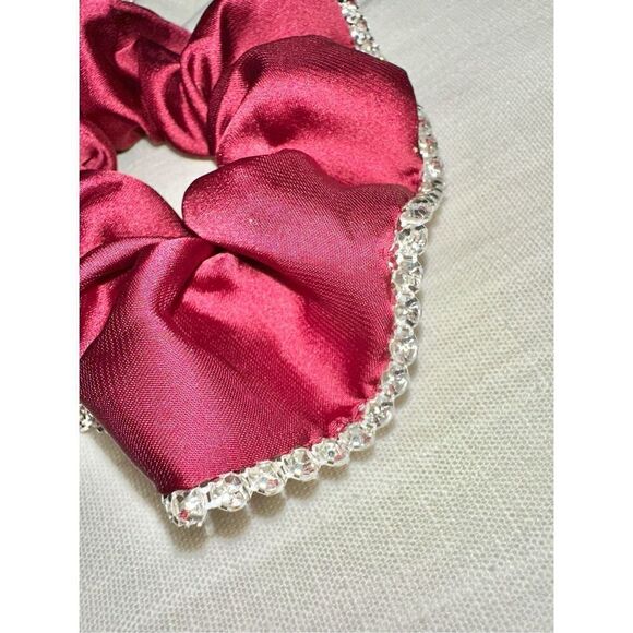 Red satin hair scrunchie with rhinestone trim - Picture 4 of 4